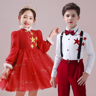 儿童合唱演出服小学生唱红歌团体表演服装男童礼服套装女童蓬蓬裙