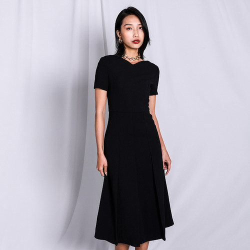 BRAND BY MEI【经典小黑裙】纯黑色修身A字摆连衣裙通勤优雅简约