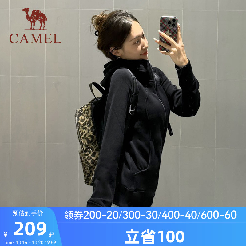 骆驼小蛮腰外套女2025秋季针织加绒连帽卫衣收腰显瘦收腰修身开衫
