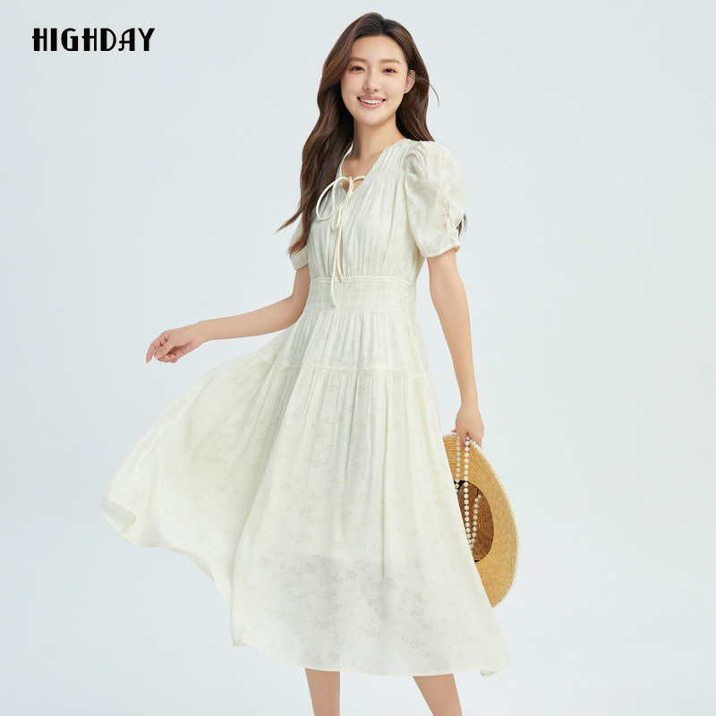 highday轩日2026夏装新款V领系带修身女裙泡泡袖仙女裙中长连衣裙
