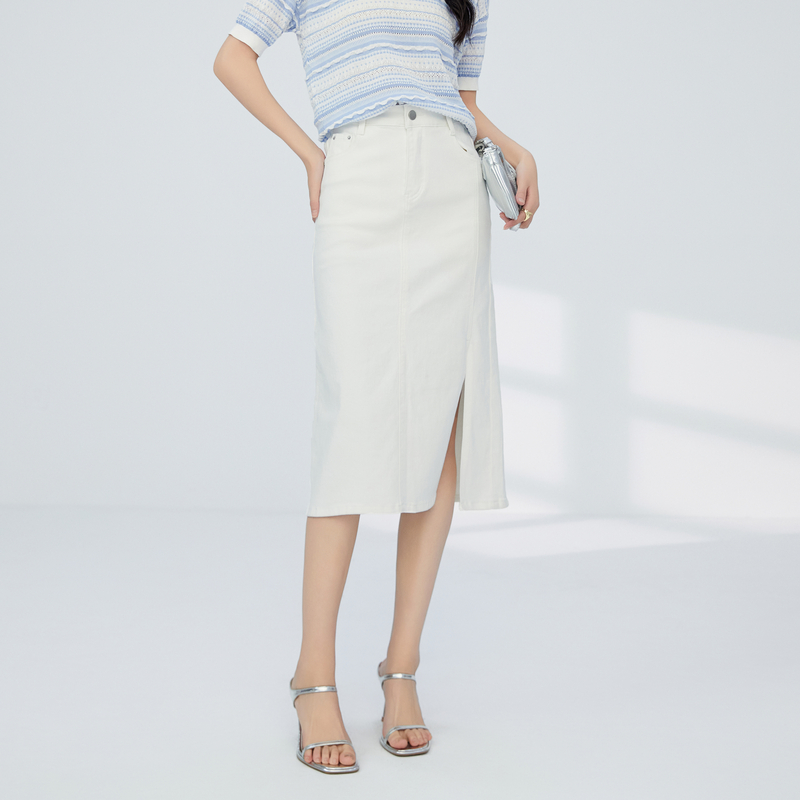 鲁思蒂白色半身裙女2024新款夏季休闲包臀裙高腰显瘦开叉中长裙子