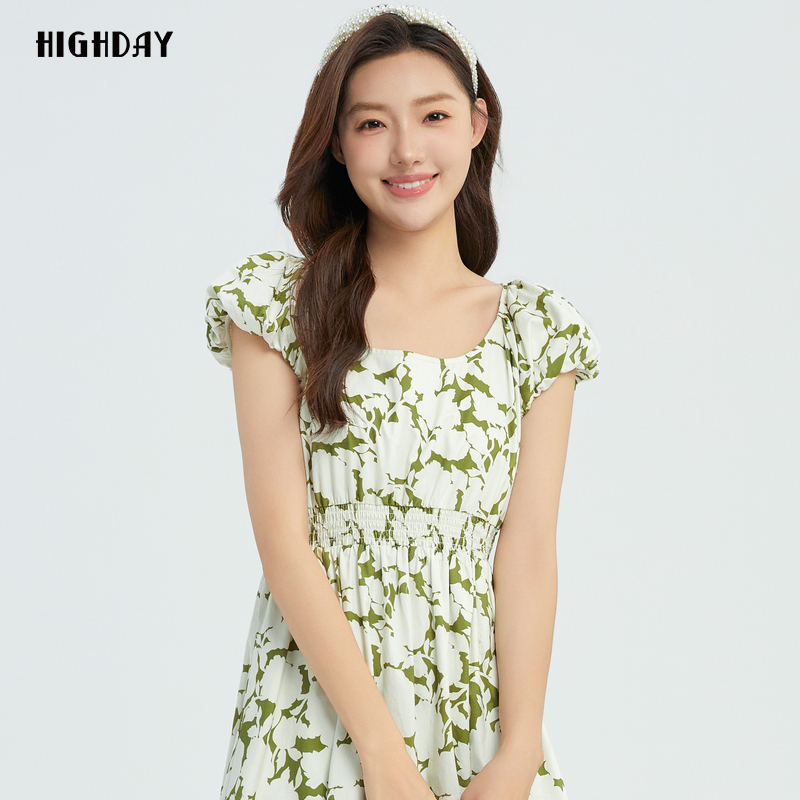 轩日2024早秋新款法式收腰a摆女裙商场同款挺括u型领印花连衣裙潮