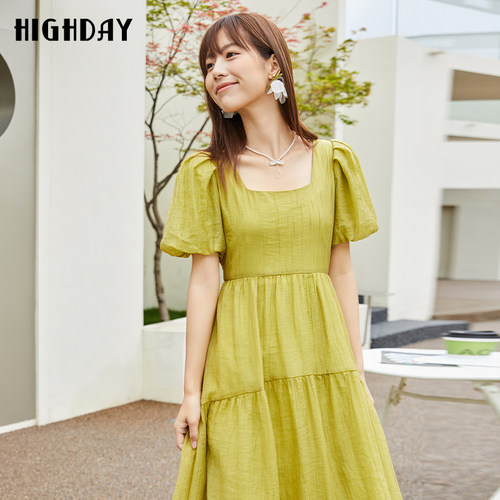 highday轩日夏装方领花苞袖裙子女长裙多巴胺穿搭a字法式连衣裙潮