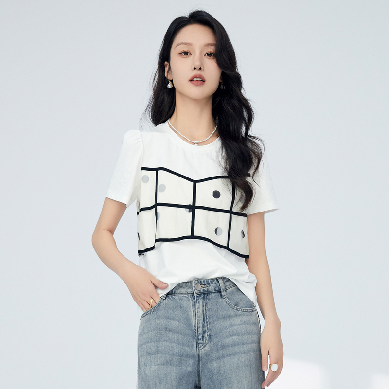 鲁思蒂白色短袖t恤女2025新款夏季小个子时尚显瘦圆领泡泡袖上衣