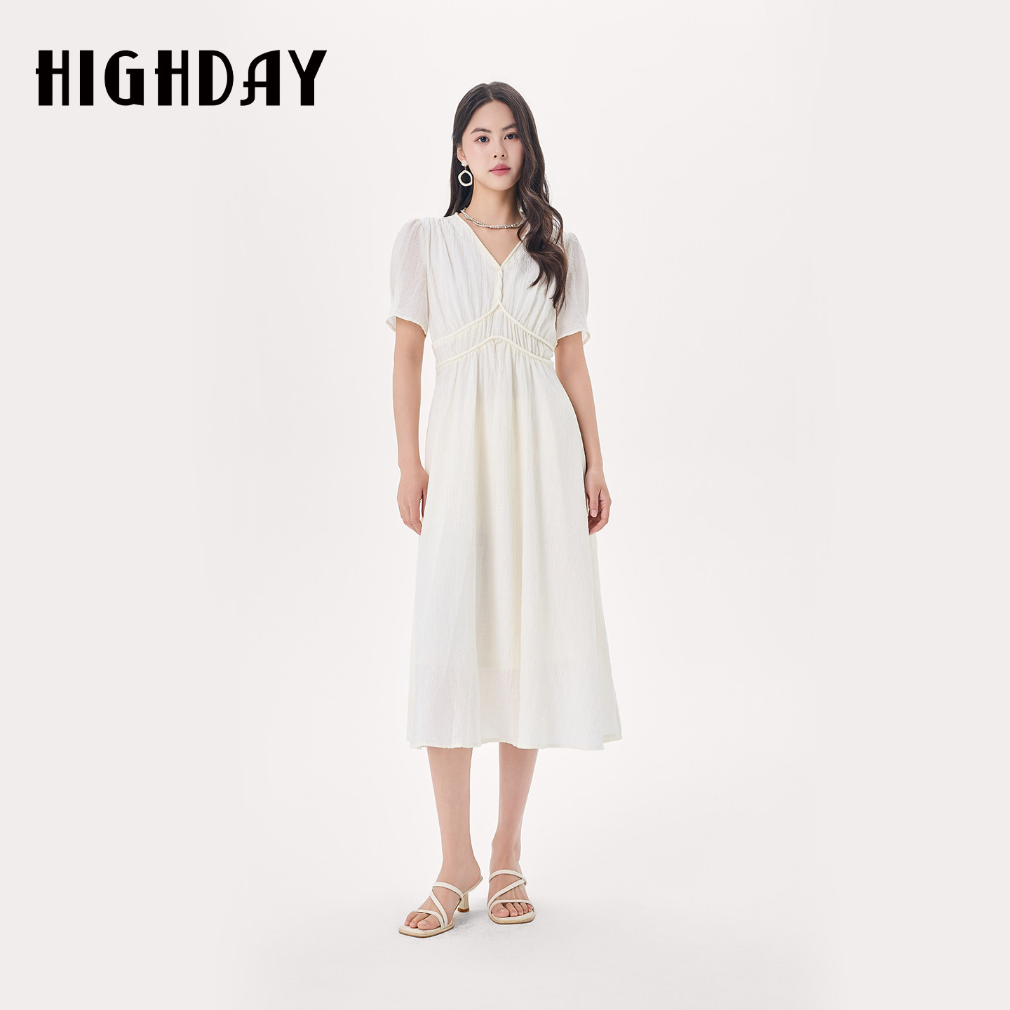 HIGH DAY/轩日气质V领收腰连衣裙2026夏季新款短袖连身裙修身长裙
