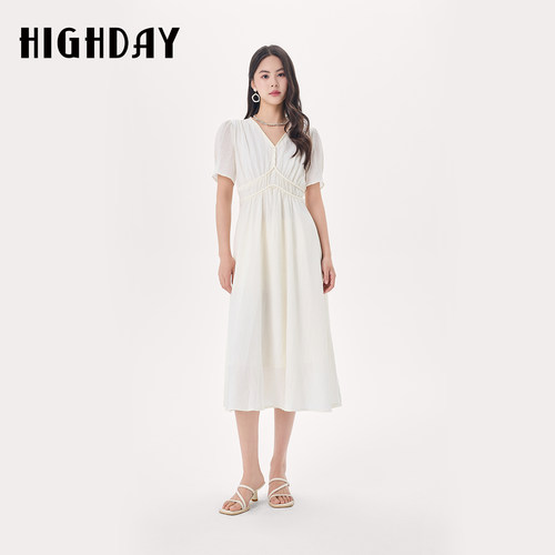 HIGH DAY/轩日气质V领收腰连衣裙2026夏季新款短袖连身裙修身长裙