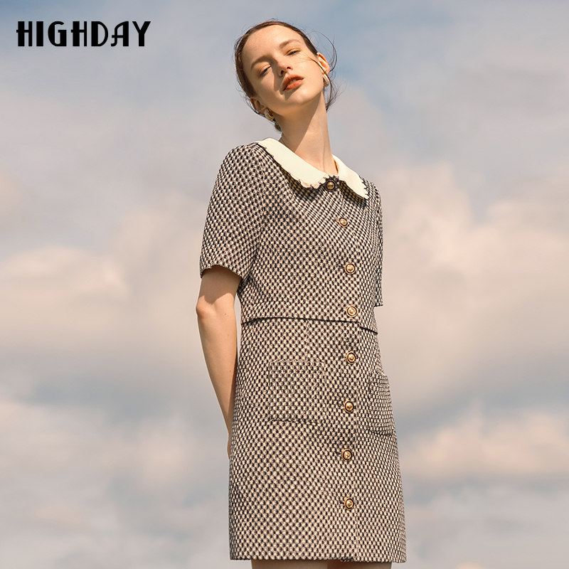 highday轩日2025春秋商场同款小香风女裙新娃娃领格纹短袖连衣裙