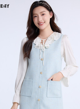 highday轩日25早春蓝色裙子女小香风单排扣背心裙气质无袖连衣裙
