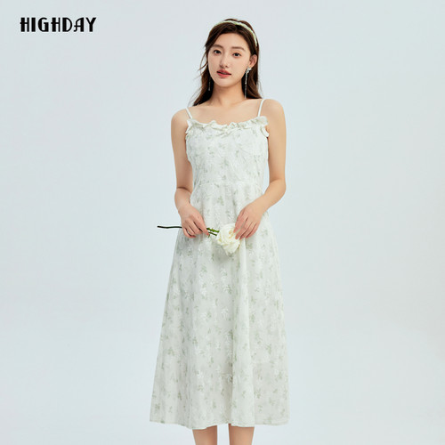 highday轩日2026夏季新款印花木耳边吊带裙女优雅修身无袖连衣裙