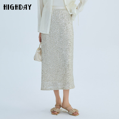 highday轩日24夏装新款高腰半身裙女商场款开叉亮片bling半裙长裙