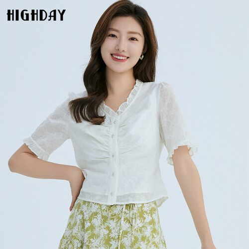 轩日2026商场同款V领白色衬衣女夏季新款修身木耳边短袖纽扣衬衫