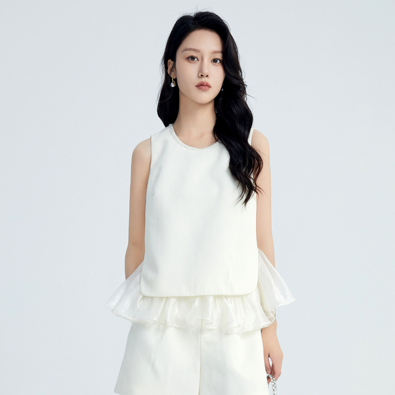 鲁思蒂无袖衬衫2024新款女夏季设计感小众时尚休闲荷叶边套头上衣