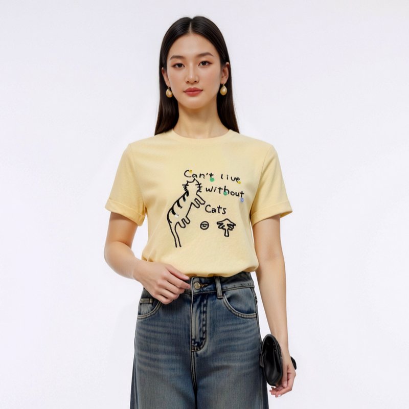 HIGH DAY/轩日短袖T恤2025夏季新款卡通小猫休闲通勤上衣女ins