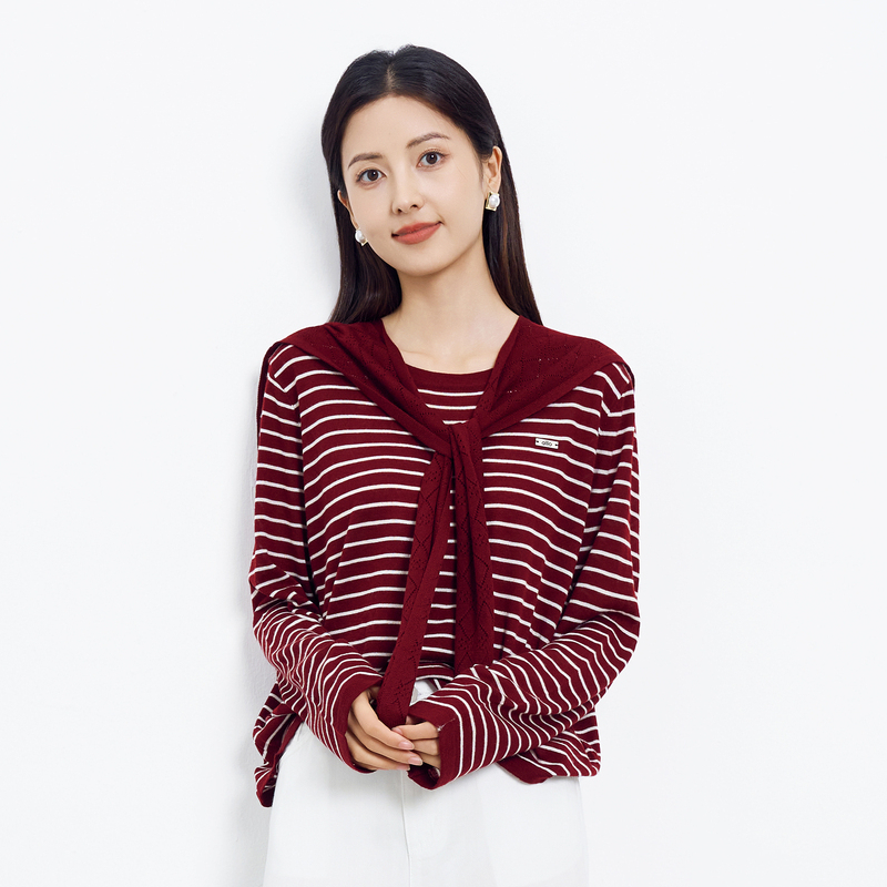 HIGH DAY/轩日撞色披肩条纹针织衫2025早秋新款时尚气质显瘦上衣