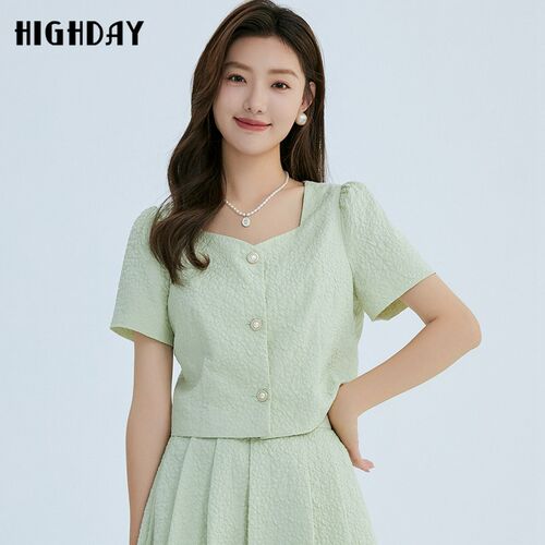 highday轩日24夏季新款法式方领泡泡皱肌理上衣女商场款气质衬衣