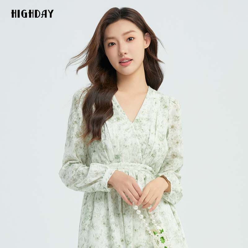 highday轩日25春季新款剪影印花V领女裙商场款长袖连衣裙茶歇裙潮