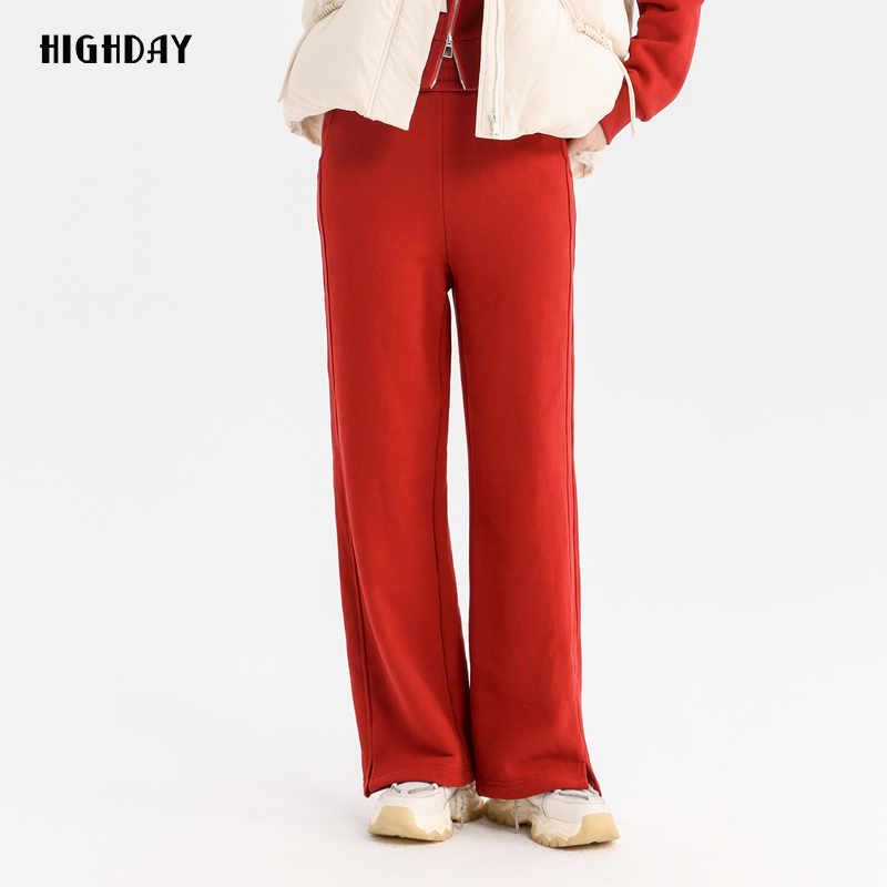 highday轩日2024冬季商场同款高腰休闲裤女红色开叉长裤子运动裤