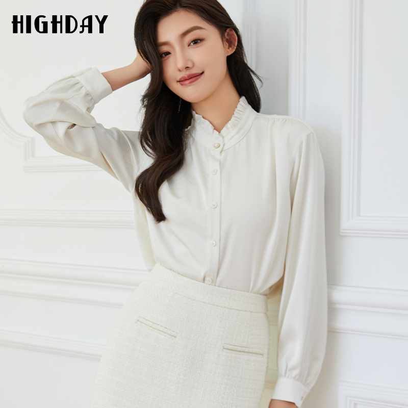 轩日2024春秋商场同款白色衬衣女新款打底上衣木耳边立领长袖衬衫