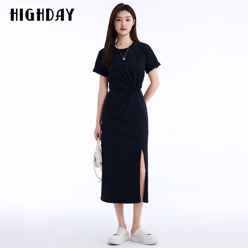 HIGHDAY轩日2026夏新款黑色扭结设计连衣裙收腰显瘦开叉中长款