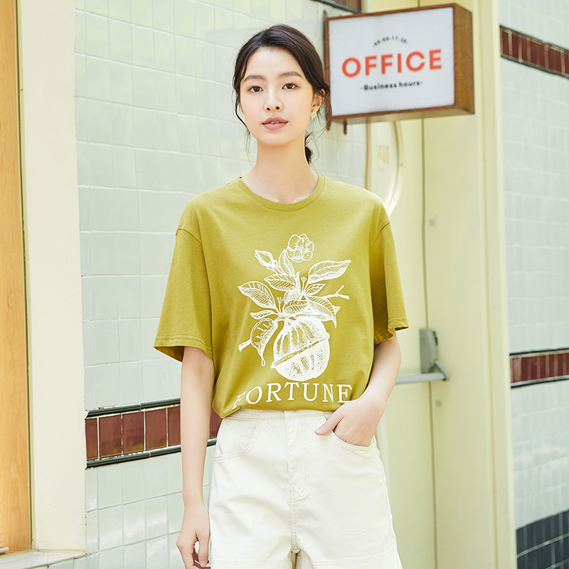 Lucidy/鲁思蒂短袖t恤女2024新款夏季落肩袖宽松显瘦印花体恤上衣