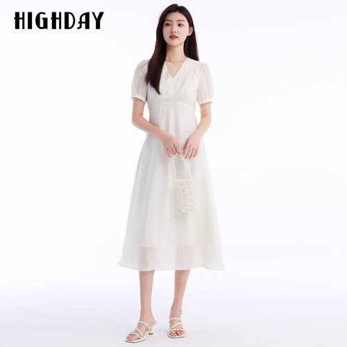 HIGHDAY轩日2026夏新款法式温柔风白色V领连衣裙女收腰显瘦泡泡袖