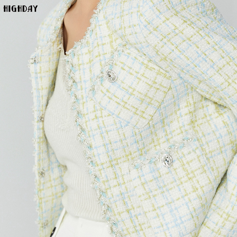 highday轩日2025春秋新款圆领粗花呢夹克女格纹短款小香风外套ins