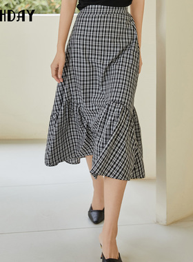 highday轩日2023夏季新款高腰a字半身裙女格纹中长裙QZ04AE32532