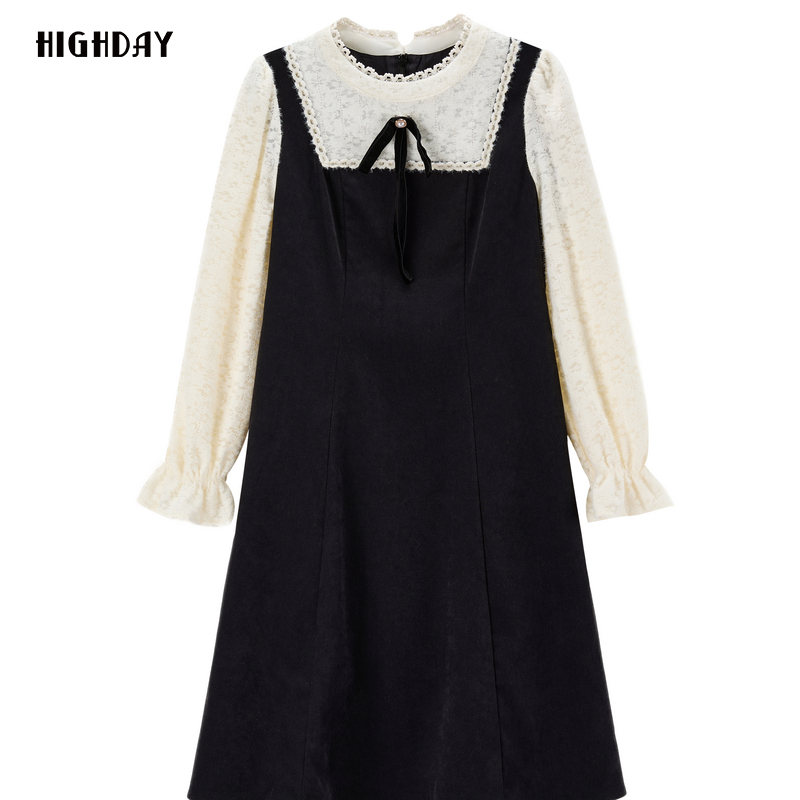 highday轩日2024冬季商场同款女裙新款法式优雅假两件长袖连衣裙