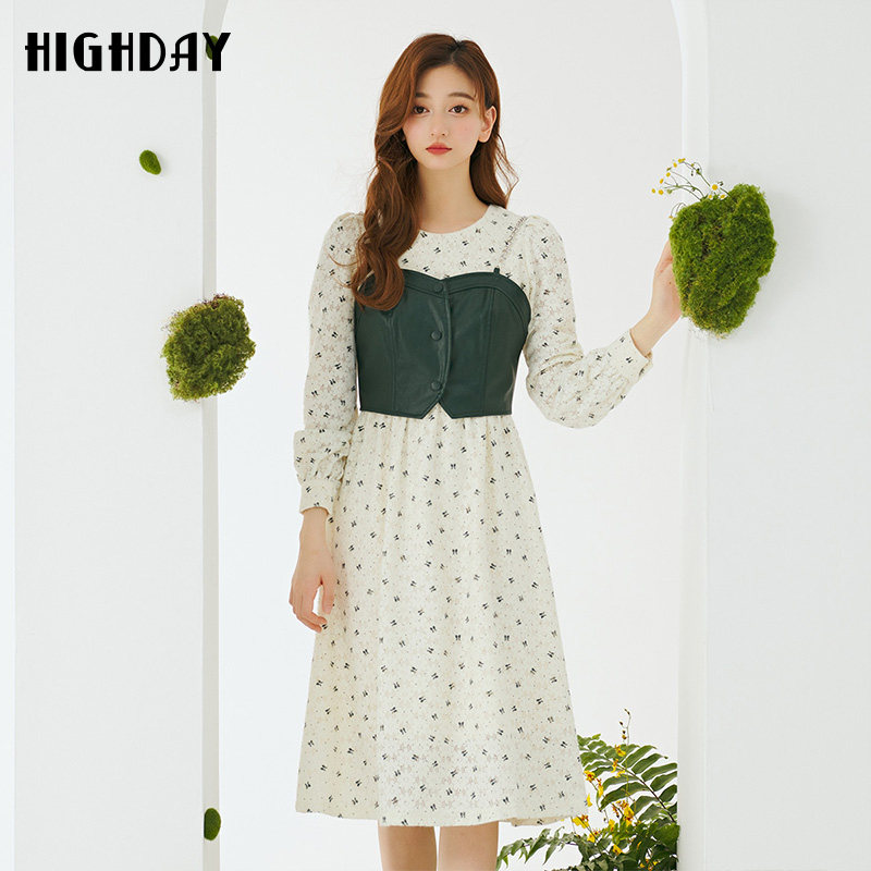 highday轩日2023春秋两件套中长款女裙复古法式长袖修身a字连衣裙