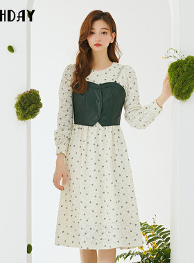 highday轩日2023春秋两件套中长款女裙复古法式长袖修身a字连衣裙