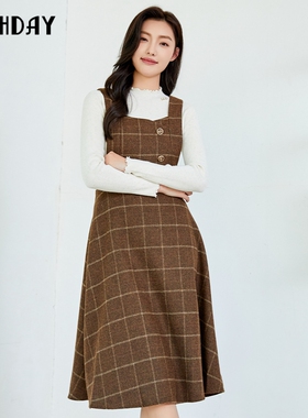 highday轩日2023冬季新复古格纹修身背带裙女气质过膝无袖连衣裙