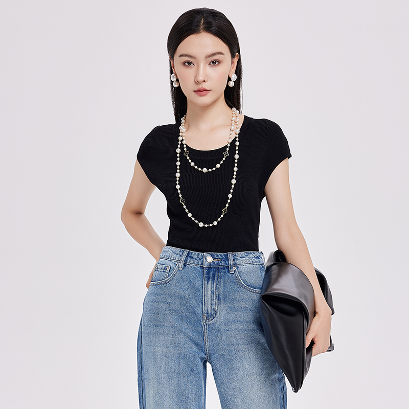 鲁思蒂黑色短袖针织衫2024新款女夏季小个子薄款圆领套头修身上衣