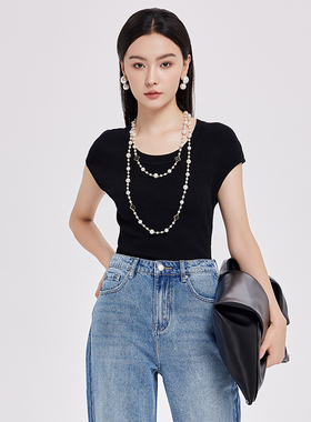 鲁思蒂黑色短袖针织衫2026新款女夏季小个子薄款圆领套头修身上衣