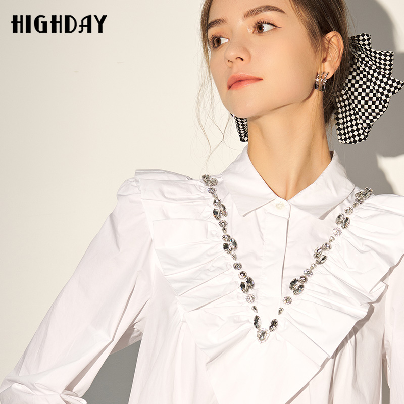 highday轩日春秋法式荷叶边镶钻衬衫裙女小个子7分袖a版连衣裙ins