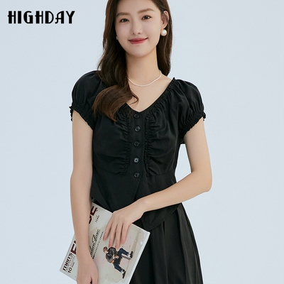 highday轩日2024夏季新款褶皱V领上衣女商场修身黑色小衫短袖衬衣
