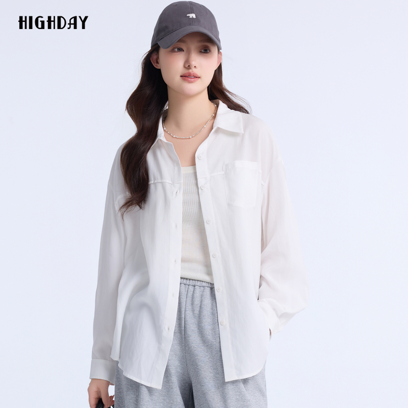 highday轩日长袖衬衫女2025春新款百搭休闲纯色polo领开衫衬衣