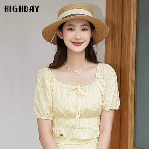 highday轩日2026夏季新款大领口镂空短款上衣女荷叶边短袖衬衣ins