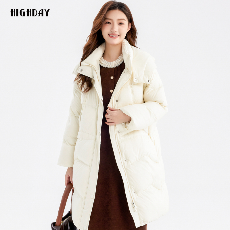 highday轩日2024冬季新款连帽白鸭绒外套女宽松白色中长款羽绒服