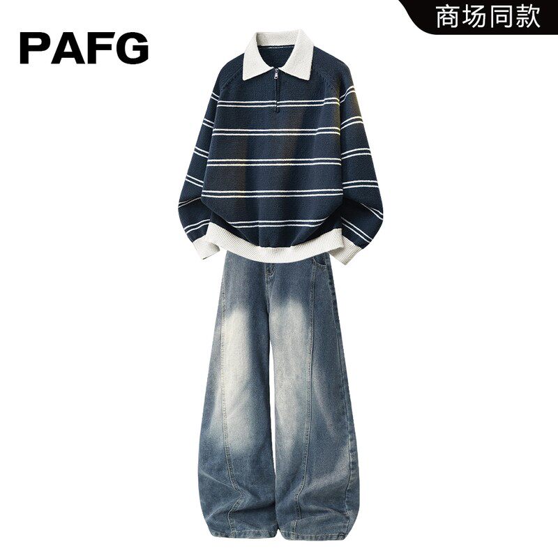 PAFG美式潮流撞色翻领毛衣男士秋季宽松时尚休闲痞帅轻奢两件套