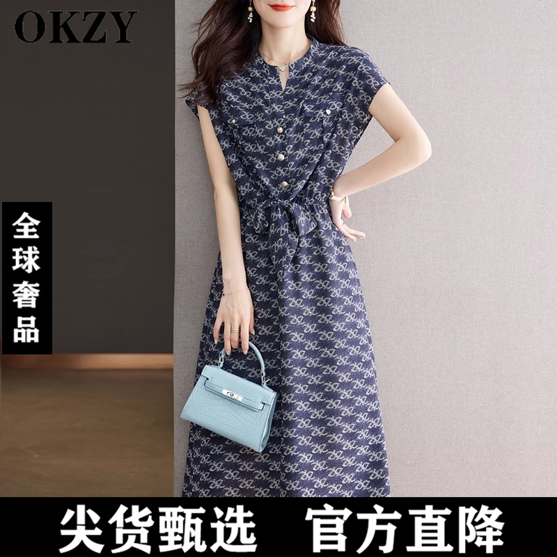 OKZY高级感连衣裙女夏季2025新款法式时尚气质收腰显瘦中长裙子