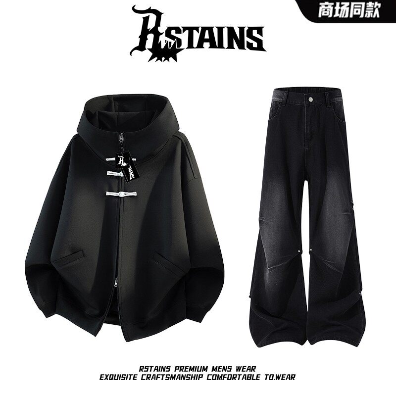 RSTAINS潮牌新中式盘扣设计秋季男女情侣连帽卫衣铆钉牛仔裤套装