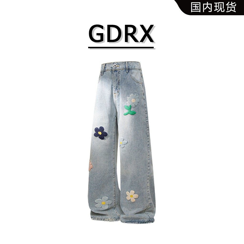 GDRX美式潮流时尚牛仔裤男春季小花刺绣设计感直筒裤高级感男裤
