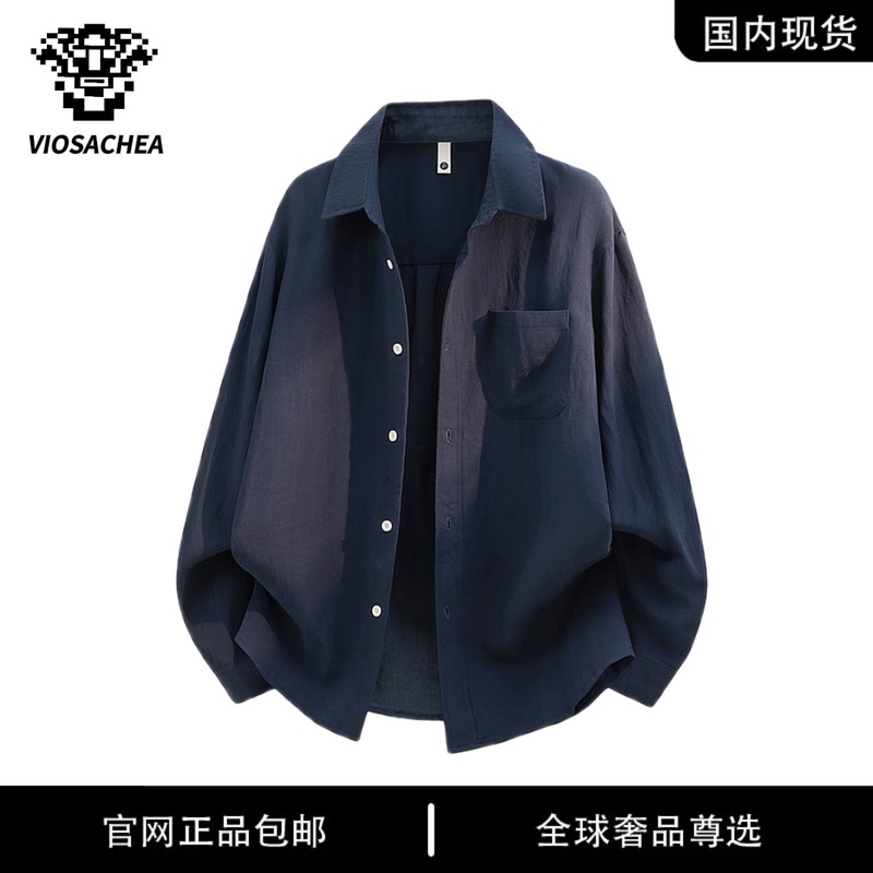 VIOSACHEA品牌男士秋季纯色亚麻长袖衬衫宽松休闲百搭翻领衬衣