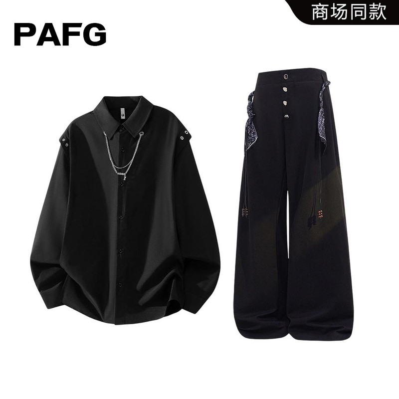 PAFG美式潮牌长袖衬衫男秋季新款复古痞帅宽松痞帅衬衣两件套男装