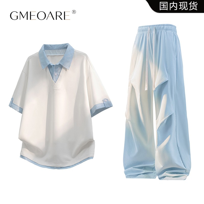 GMEOARE假两件短袖Polo衫套装男女同款美式潮牌夏季宽松休闲男装