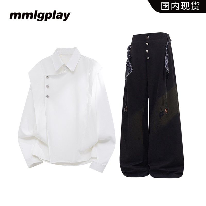 mmlgplay美式小众长袖衬衫男春秋季新款宽松痞帅复古休闲衬衣套装