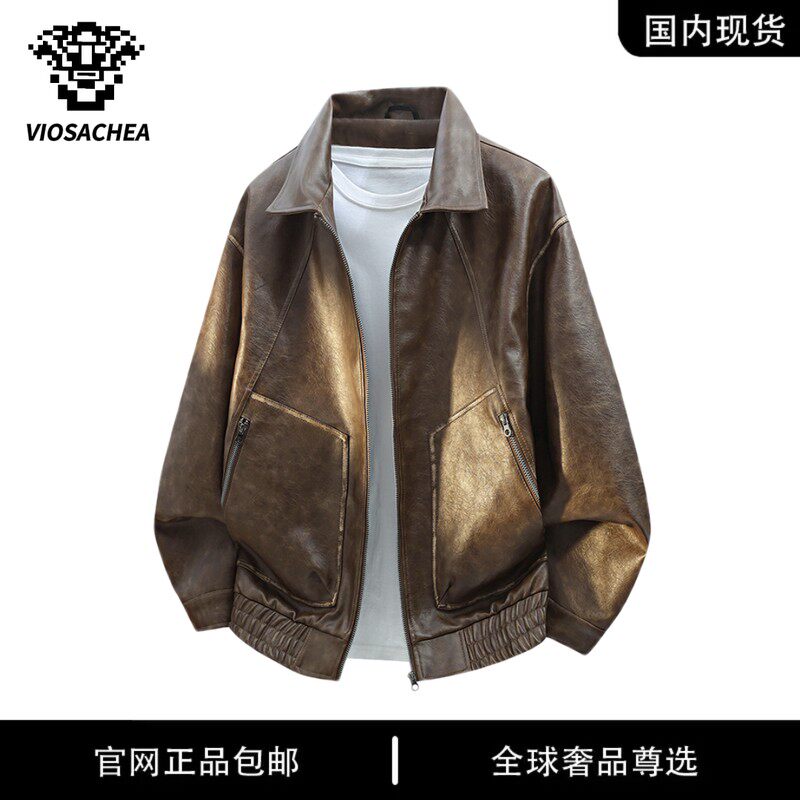 VIOSACHEA品牌美式复古翻领皮衣男士大码春秋宽松休闲皮夹克外套