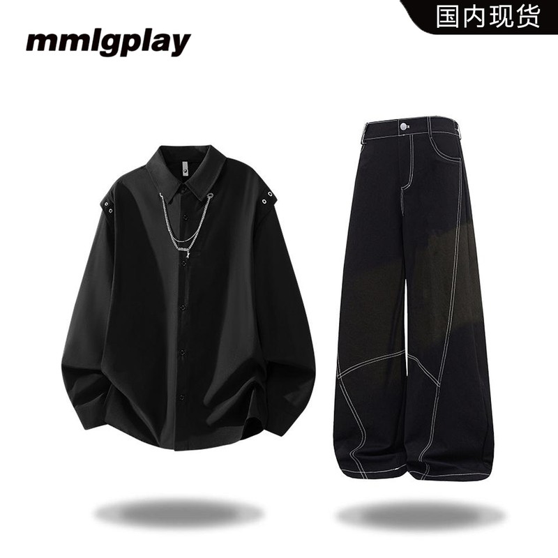 mmlgplay美式潮牌项链长袖衬衫套装男夏季新款休闲痞帅街头两件套
