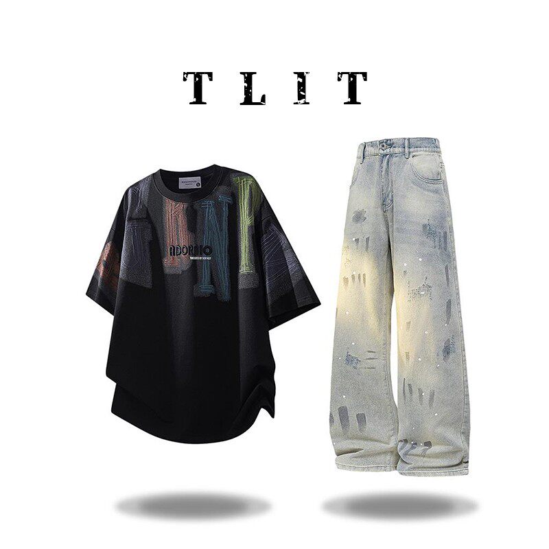 TLIT夏季男装冰丝短袖T恤套装男士高级感薄款痞帅牛仔裤子两件套