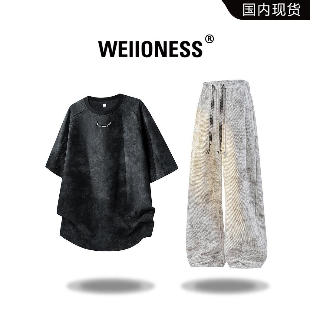WEIIONESS扎染短袖T恤套装男春夏季高级感时尚两件套休闲痞帅男装